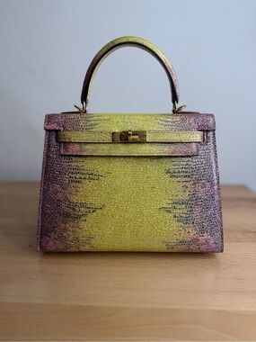 H 25cm Kelly Sellier genuine Ombré lizard vert anis fuchsia iridescent GHW